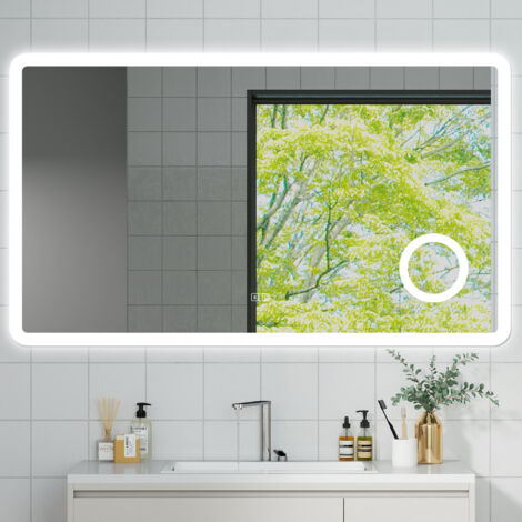 OCEAN Specchio da bagno con LED 120x70cm,Bluetooth,Lente d'ingrandimento,3 colori,Dimmerabile, Antiappannamento,Memoria,IP44, Vetro HD,Doppio interruttore,Orizzontale/Verticale