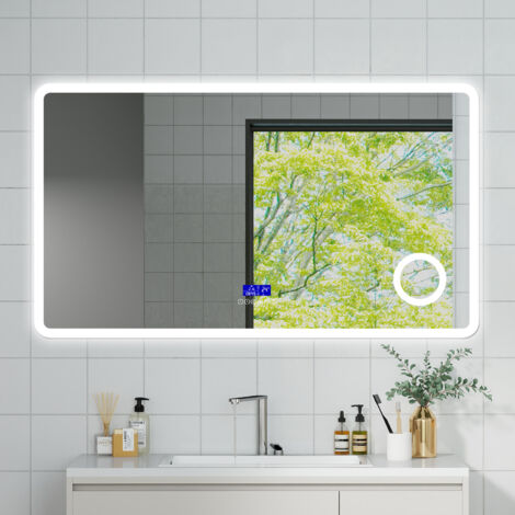 OCEAN Specchio da bagno con LED 120x70cm,Bluetooth,Lente d'ingrandimento,Orologio,3 colori,Dimmerabile, Antiappannamento,Memoria,IP44, Vetro HD,Doppio interruttore,Orizzontale/Verticale