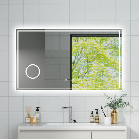 OCEAN Specchio da bagno con LED 120x70cm,Lente d'ingrandimento,Orologio,3 colori,Dimmerabile, Antiappannamento,Memoria,IP44, Vetro HD,Doppio interruttore,Orizzontale/Verticale