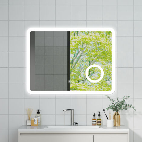 OCEAN Specchio da bagno con LED 80x60cm,Bluetooth,Lente d'ingrandimento,3 colori,Dimmerabile, Antiappannamento,Memoria,IP44, Vetro HD,Doppio interruttore,Orizzontale/Verticale
