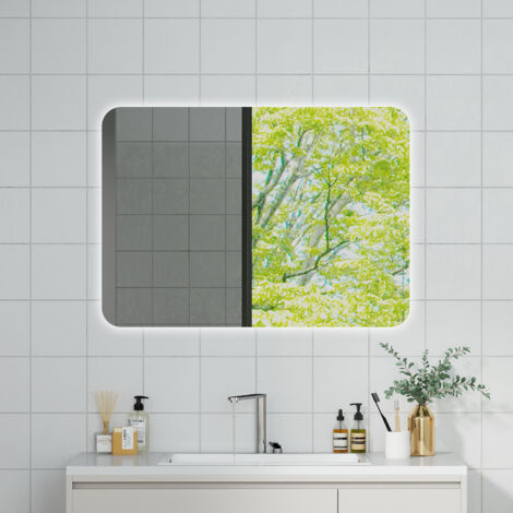 OCEAN Specchio da bagno con LED 80x60cm,Dimmerabile,Memoria,IP44, Vetro HD,Doppio interruttore,Orizzontale/Verticale