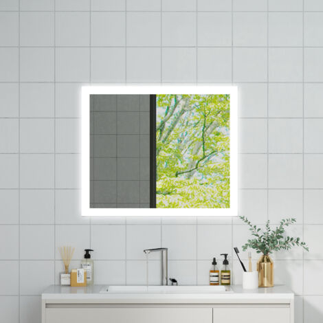 OCEAN Specchio da bagno con LED 90x70cm,3 colori,Dimmerabile, Antiappannamento,Memoria,IP44, Vetro HD,Doppio interruttore,Orizzontale/Verticale