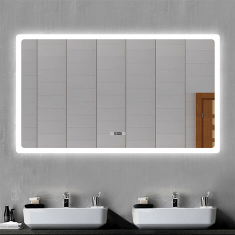 OCEAN Specchio da bagno rettangolare con LED,120x70cm,orologio,Disappannamento,3 Temperature di Colore