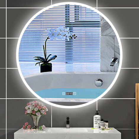 OCEAN Specchio da bagno rotondo con LED,Diametro 80cm,orologio,3 Temperature di Colore,Disappannamento,Infinitamente Dimmerabile