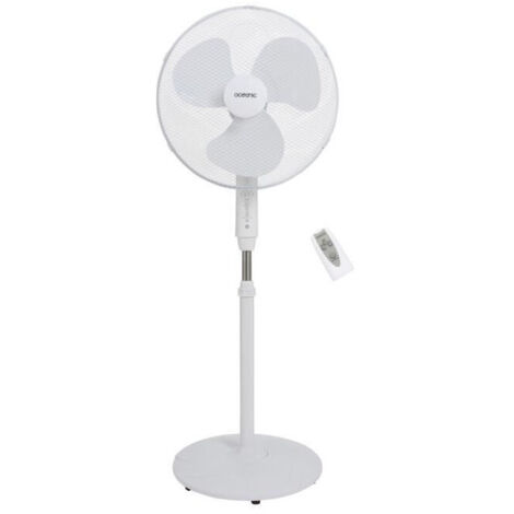 Oceanic – Ventilateur de pied oscillant 45W – Ø 44 cm – 3 vitesses – Inclinable – Télécommande – Minuterie 0.5 à 7.5 h – Blanc