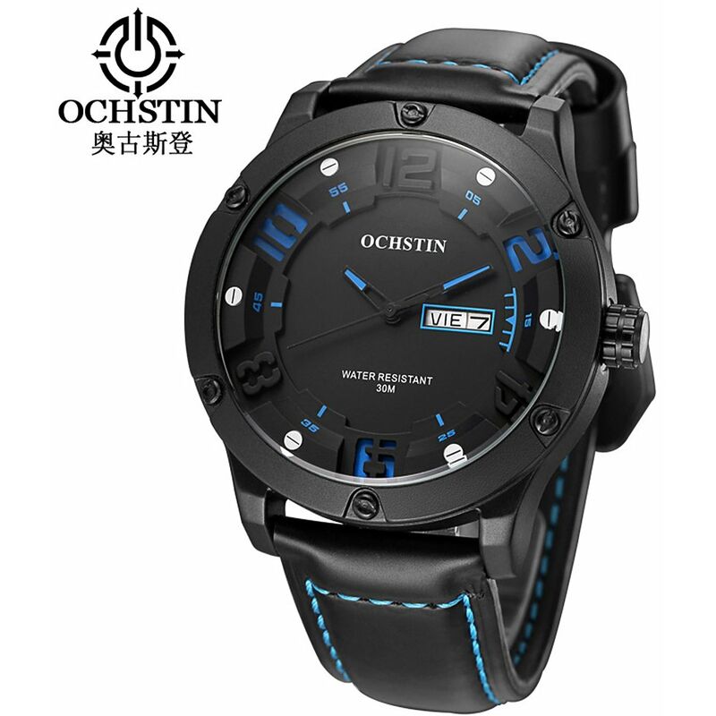 

2017, reloj de cuarzo de cuero genuino de lujo a la moda para hombre, esfera grande, calendario a prueba de agua de 30 M, reloj de pulsera informal