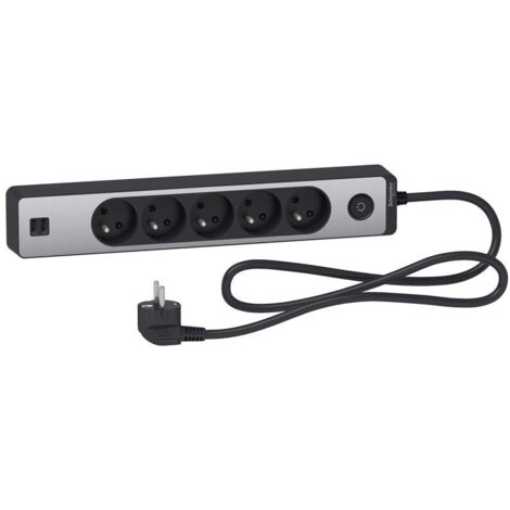 Odace - Rallonge multiprises 5 prises 2P+T - anthracite/aluminium - 2USB - 1,5m (ST935U1BA)