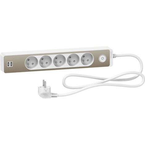 Odace - Rallonge multiprises 5 prises 2P+T - blanche/bronze - 2USB - 1,5m (ST935U1WB)