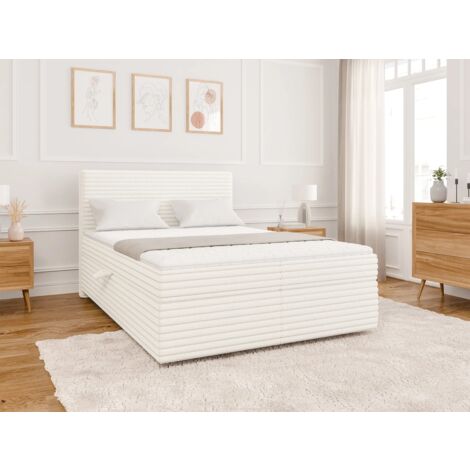 Odin - Boxspringbett 140x200 mit Topper und Bettkästen aus Hellbeige Plüschcord