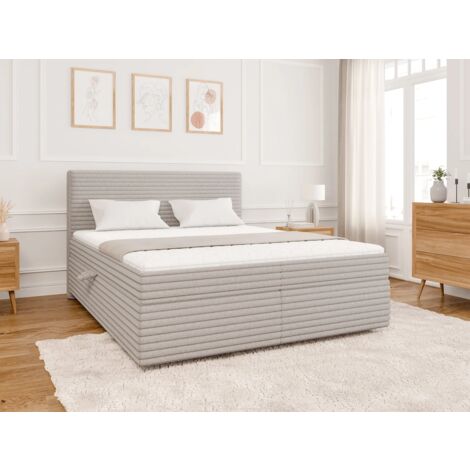 Odin - Boxspringbett 160x200 mit Topper und Bettkästen aus Hellgrau Plüschcord