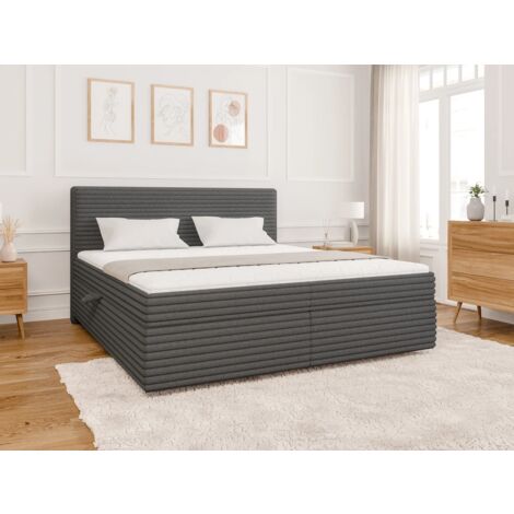 Odin - Boxspringbett 180x200 mit Topper und Bettkästen aus Dunkelgrau Plüschcord