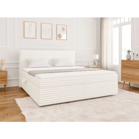 Odin - Boxspringbett 180x200 mit Topper und Bettkästen aus Hellbeige Plüschcord