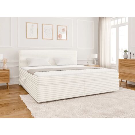 Odin - Boxspringbett 200x200 mit Topper und Bettkästen aus Hellbeige Plüschcord