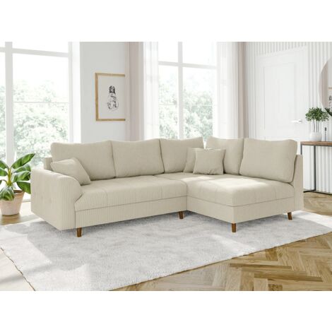 Odin - Ecksofa mit Braun Holzfüßen im skandinavischen Stil aus Beige Cord-Stoff