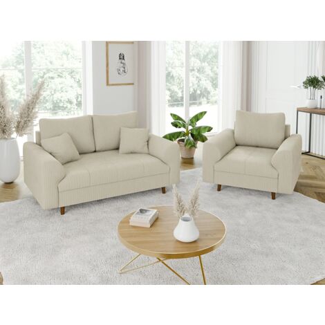 Odin - Polstergarnitur 2+1 mit Braun Holzfüßen im skandinavischen Stil aus Beige Cord-Stoff