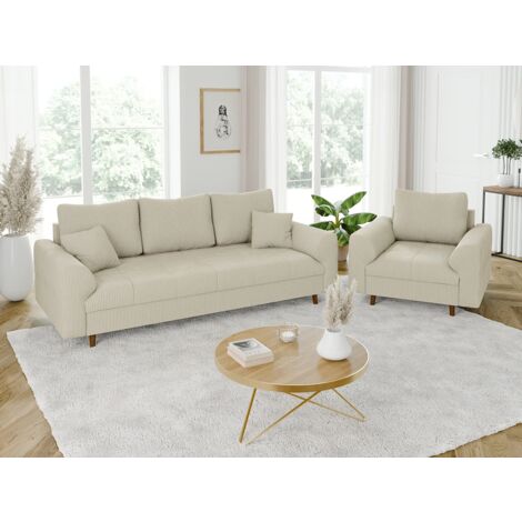 Odin - Polstergarnitur 3+1 mit Braun Holzfüßen im skandinavischen Stil aus Beige Cord-Stoff