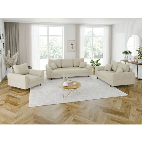 Odin - Polstergarnitur 3+2+1 mit Braun Holzfüßen im skandinavischen Stil aus Beige Cord-Stoff