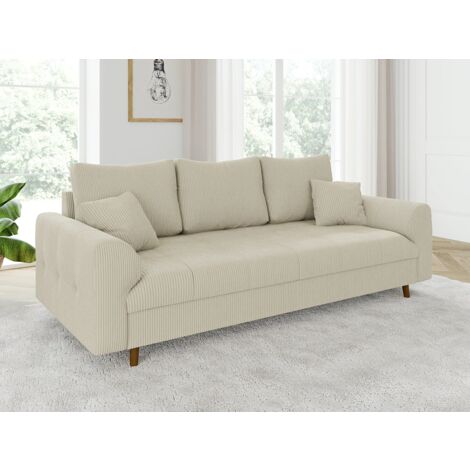 Odin - Sofa 3 sitzer mit Braun Holzfüßen im skandinavischen Stil aus Beige Cord-Stoff