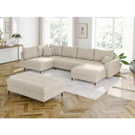 Odin - Wohnlandschaft mit Schlaffunktion und Hocker mit Braun Holzfüßen im skandinavischen Stil aus Beige Cord-Stoff