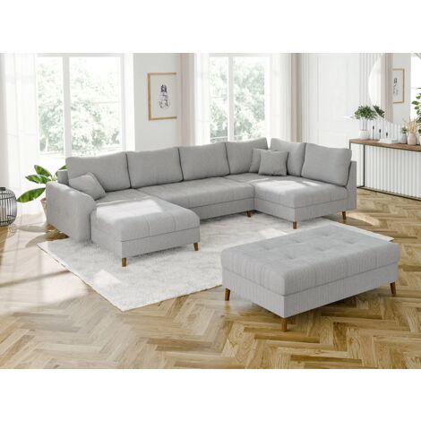 Odin - Wohnlandschaft mit Schlaffunktion und Hocker mit Braun Holzfüßen im skandinavischen Stil aus Hellgrau Cord-Stoff