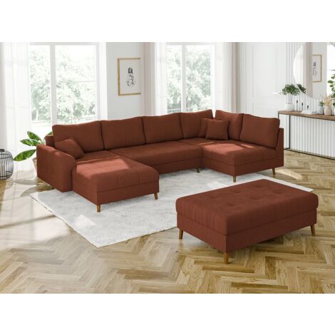 Odin - Wohnlandschaft mit Schlaffunktion und Hocker mit Braun Holzfüßen im skandinavischen Stil aus Terrakotta Cord-Stoff