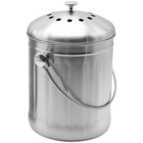 Odorless Stainless Steel Compost Bucket for Kitchen - Kitchen Compost Bin - Includes Replacement Carbon Filters (Shiny STAINLESS STEEL, 5 Liter)