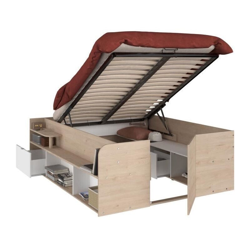 ODYSSEE Lit coffre adulte - 140x190/200 cm - Avec coffre relevable - Décor chene et Blanc - 168,3x66,5x209,5 cm
