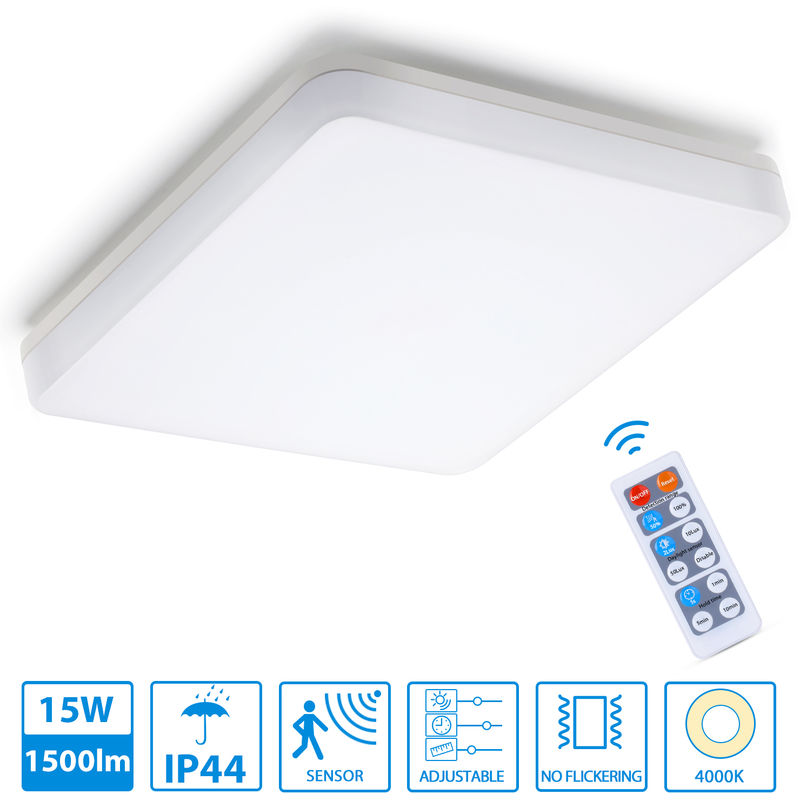 

15W Lámpara de Techo LED detector de movimiento, 1500LM Luz de techo con control remoto, IP44 a prueba de agua, Lámpara de pared cuadrada con