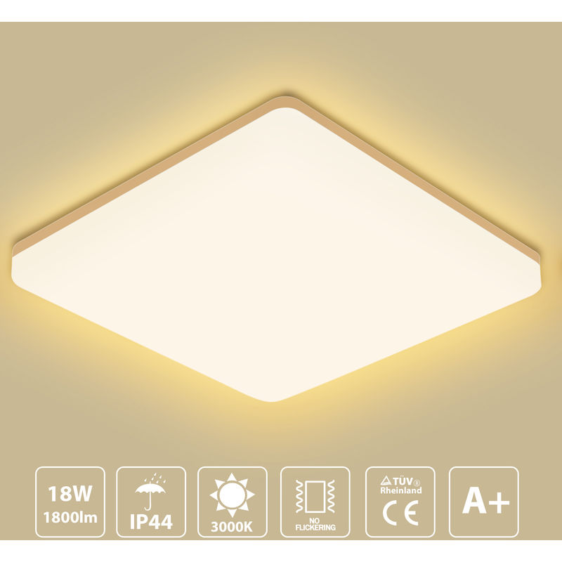 

18W Luz de techo LED para dormitorio, 1800LM lámpara de techo, iluminación blanca cálida de 3000 K, luz de techo cuadrada impermeable IP44 para