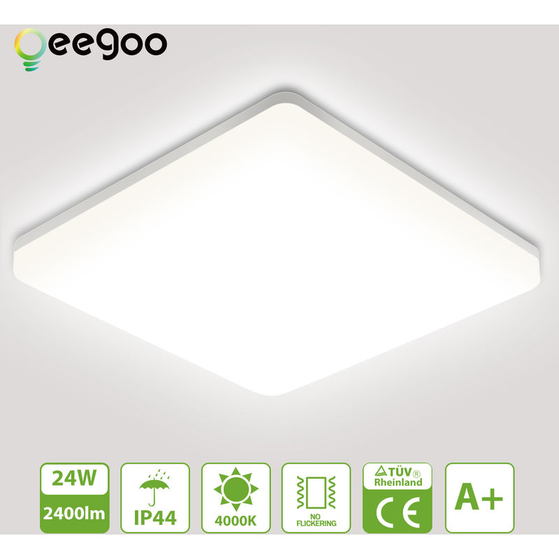 

Oeegoo - 24 W Lámpara de techo, luz de techo LED de 2400LM, impermeable IP44, luz de techo cuadrada, luz blanca neutra de 4000 K, iluminación potente