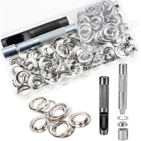 Œillets Kit, 100 Ensembles Œillets 12 mm Œillets, Kit de réparation de bâche, Avec 3pcs Grommet Outils à Oeillet Œillets Kit pour Bâche, Tissu, Rideaux ( argent)