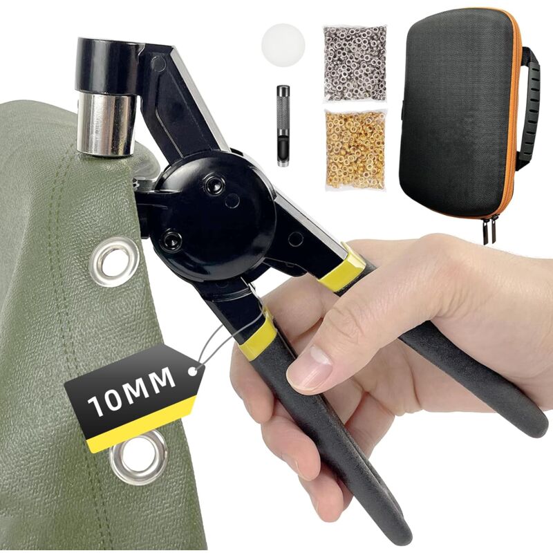 Oeillets Métalliques Kit 10mm, Pince à Oeillets pour Bâches et Tissus, set d'oeillets pour Bâches avec 200 Oeillets (ø 10mm) et Kit d'outils