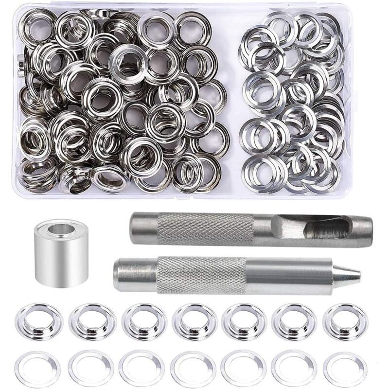 Oeillets Œillets Kit, 100 Ensembles 10 mm Œillets, Kit de réparation de bâche, Avec 3pcs Grommet Outils à Oeillet Œillets Kit pour Bâche, Tissu,