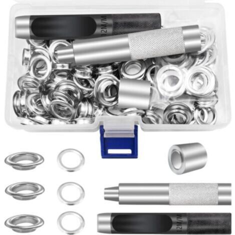 Oeillets pour Baches 12mm, Trousse à œillets Outils, Metal Ensembles Oeillets 100 Set Kit de Grommets Eyelets Kit pour Toile Bâche Tente de Réparation Argent(1/2 Pouce)