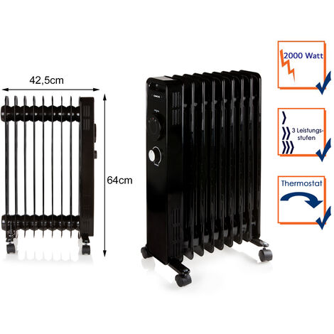 Ölradiator mit Rollen 9 Rippen, 3 Stufen 2000 Watt, 64x42cm