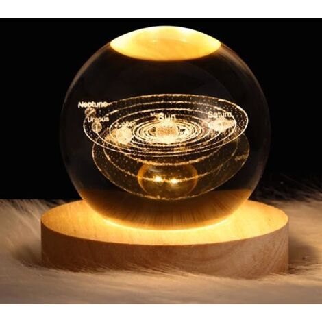 OEMG Veilleuse Boule de Cristal LED 3D Verre avec Base D'éclairage en Bois Pour Cadeau d'anniversaire Style Système Solaire-8 CM