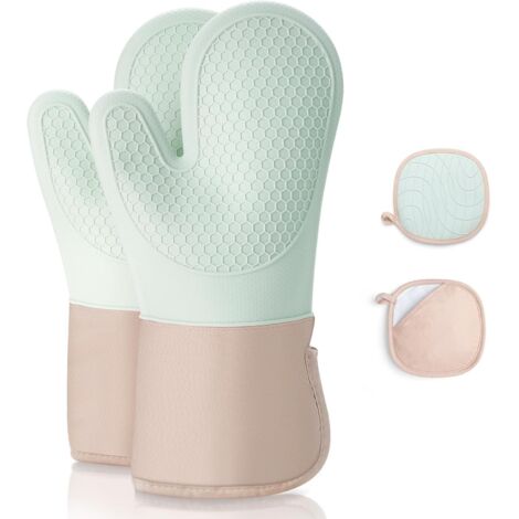 Ofenhandschuhe, 4er-Set hitzebeständige Küchenhandschuhe und Topflappen, rutschfest, hitzebeständig bis 350 °C, weiche Baumwolle, lange und flexible dicke Silikongriffe zum Kochen und Backen, Grün