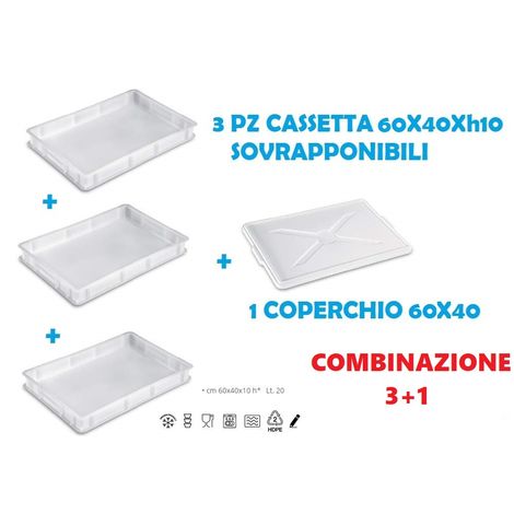 Cassette impilabili in polietilene per alimenti e lievitazione impasto pizza  set 3 pezzi - 60x40xH7 cm