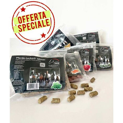 OFFERTA 6 Pacchi Biscotti per cavalli gusti mela, carota, erbe, banana, menta, mela senza grano da 750 g cad