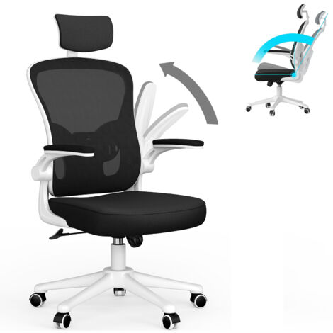 Office Chair - bigzzia Ergonomic Desk Chair with Adjustable Headrest Lumbar Support - Padded Flip-up Armrests - Comfy Mesh Office Desk Chair High Back Task Chair - Swivel Computer Chair - White
