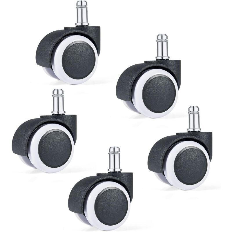 Office chair casters, set of 5, replacement wheels, 11/50 mm, silent seat base for hard floors, white