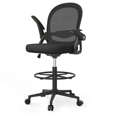 Office Chair Ergonomic, Swivel Painting Chair, Desk Chairs with Footrest Ring, Height Adjustable Computer Chair, Swivel Mesh Chair with 90° Flip-up Armrest & Lumbar Support, Black
