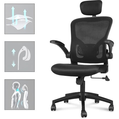 Office Chair with Back Support, Bigzzia High Back Ergonomic Computer Chair with 90° Flip-Up Armrest, Adjustable Headrest, Swivel Mesh Chair for Home and Office Use