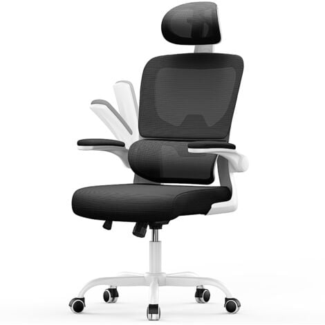 Office Desk Chair - bigzzia high back Mesh Office Chair with Flip-Up Armrest - Computer Chair with Back Support and Headrest - White
