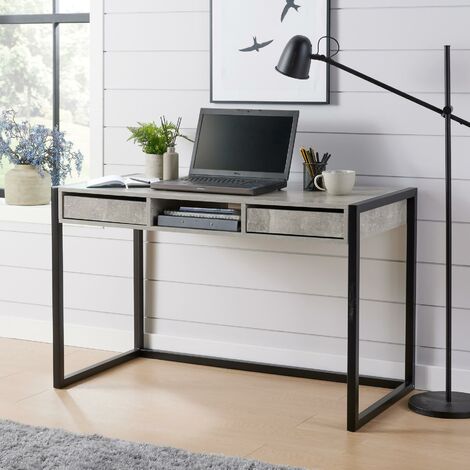 Office Desk Concrete Effect Workstation 2 Drawer Shelf Storage Black Metal Legs