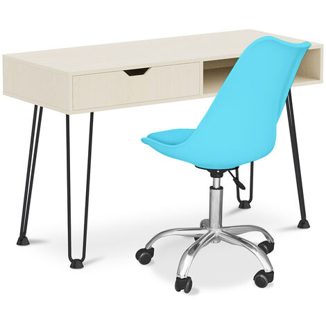 Office Desk Table Wooden Design Hairpin Legs Scandinavian Style Andor + Tulip swivel office chair with wheels Light blue - Light blue