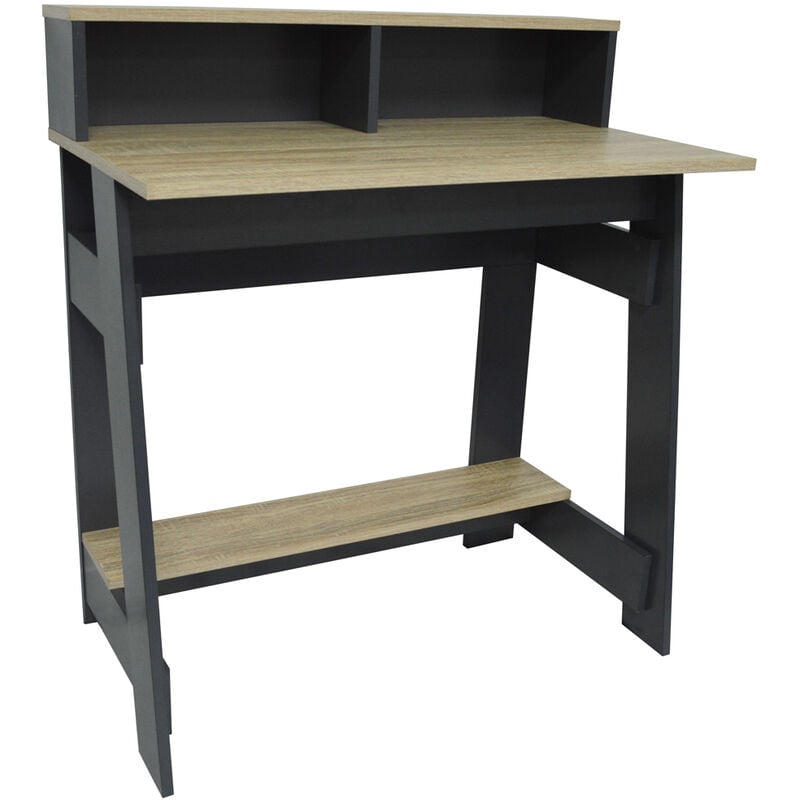 Office Desk With Two Cubbies And Shelf - Light Oak / Dark Grey