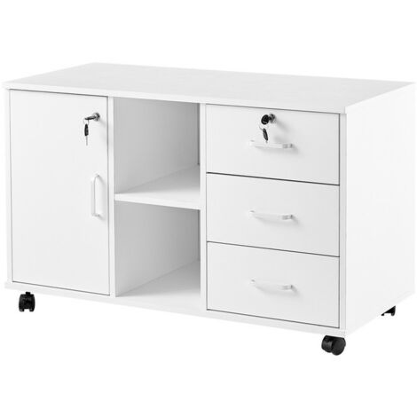 CLIPOP Office File Cabinet, Wooden Lockable 3 Drawer Lateral Filing Cabinet with Open Storage Shelves, 1 Closed Storage and 5 Rolling Wheels, White