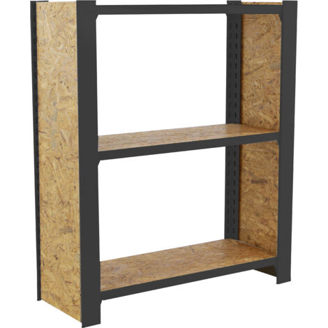 OFFICLICK Étagère 3 étagères en métal sans vis (100x80x30cm) ANTHRACITE ET OSB