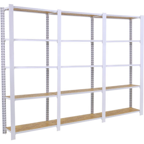 OFFICLICK Étagère 5 étagères en métal sans vis (210x240x30cm) BLANC et OSB